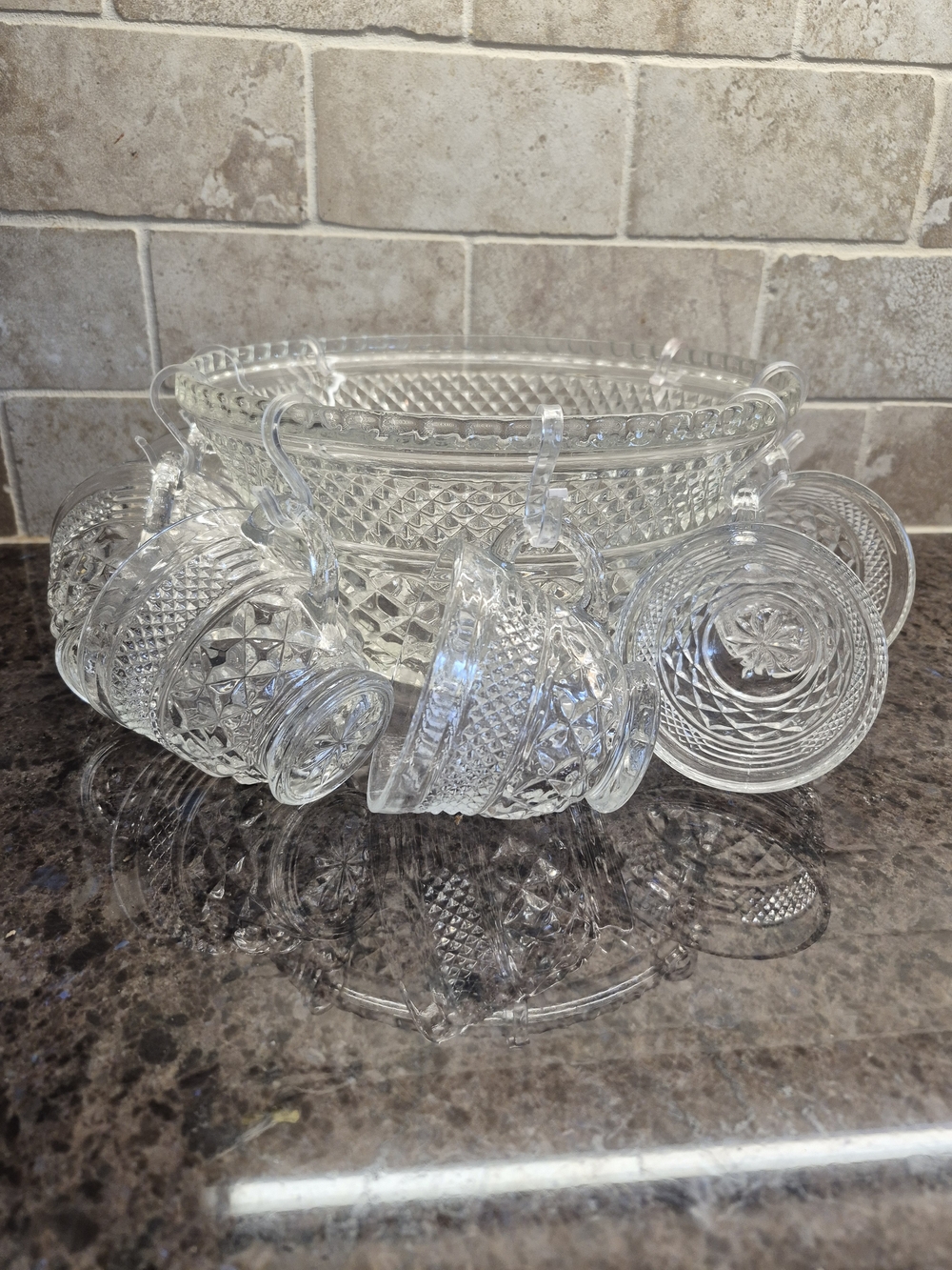 Vintage Anchor Hocking Wexford Diamond Cut pattern Punchbowl and 8 cups set